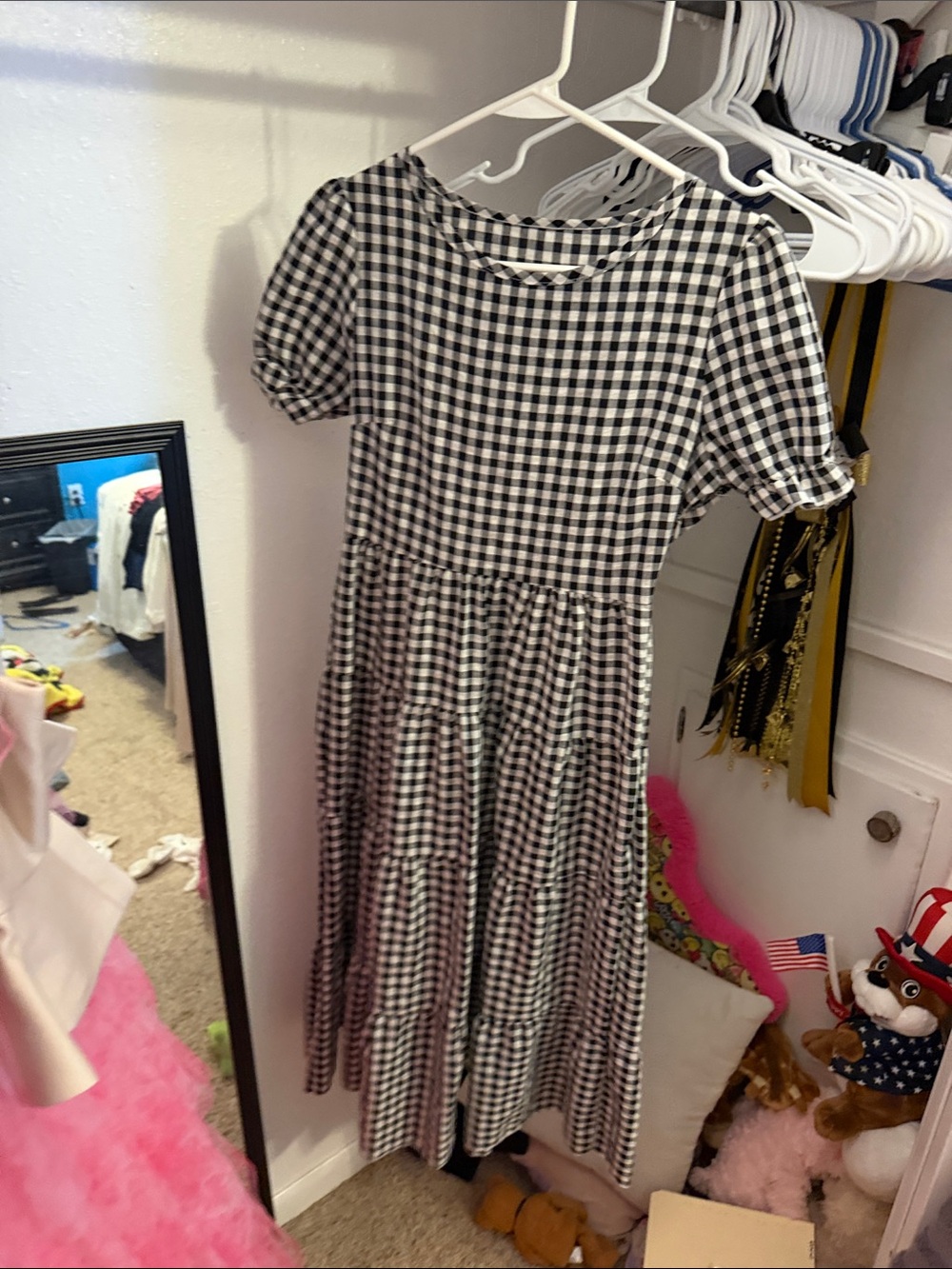 Girls Black and White Gingham Tiered Dress